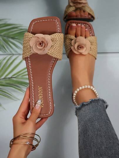 New Plus Size Women's Simple Comfortable Versatile Square Toe Cute Bow Flat Sandals, Fashionable For Party, Vacation, Casual Outdoor, Beach, Summer
