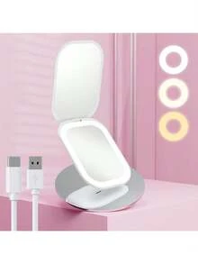 Espejo de maquillaje multifuncional LED - Recargable por USB, brillo ajustable, espejo de maquillaje LED, portátil, tamaño de bolsillo con luz, espejo de tocador portátil mini, espejo de maquillaje de viaje LED recargable por USB, espejo de tocador plegable con aumento y brillo regulable, tres modos de luz - luz blanca, luz natural y luz cálida, control de brillo táctil. Adecuado como regalo de Halloween y Navidad para familiares y amigos - Multicolor - Ver 10