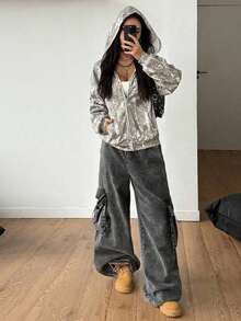 Women's Fall/Winter Going Out Streetwear Couple Same Style/Couple Same Style/Basic/Going Out Knit Camo Thermal Lined Keep Warm Zip Up Green Baggy Long Sleeve Sweatshirt - Multicolor - View 4