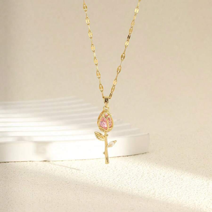 1pc Fashionable Romantic Pink Rose Pendant Necklace, Gift For Women - Multicolor - View 1