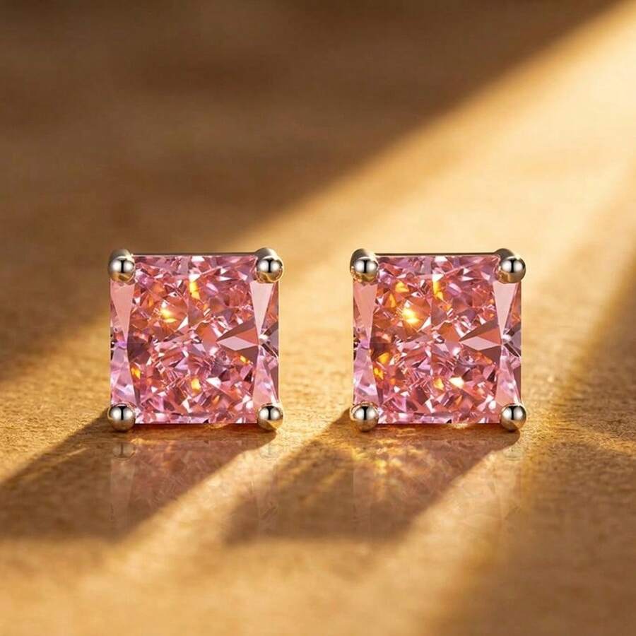 女士简约百搭镶嵌超闪亮公主方形冰花切割锆石优雅耳环 - 粉色 - 查看 1