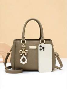 1pc Fashionable Khaki Handbag, Shoulder Bag, Crossbody Bag With Complimentary Pearl Bow Charm, Suitable For Party, Business Trip - Khaki - View 6