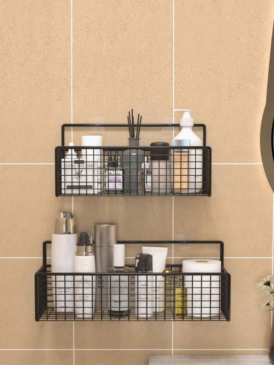 1pc Black Wall Mounted Bathroom Shelf, Cosmetic Hanging, Shower Wall Rack, Multi-Function Bathroom Kitchen Storage Organizer, Suitable For Shampoo, Soap, Cosmetics And Kitchen Items, No Drilling Self-Adhesive Design