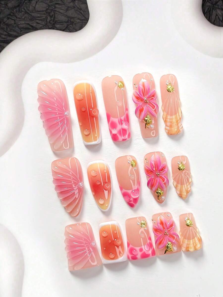 10pcs Women's Pink Style Handmade Nail Art Set, Seashell & Conch Nail Accessories, Handmade 5-Petal Flower Nail Decor, Orange & Pink Nail Polish, Fresh Style, Includes Nail Tools (1 Jelly Sticker + 1 Nail File), 3 Sizes Available: Almond, Duck Mouth, Coffin Shape, Suitable For Parties, Daily Wear, Parties, Photo Shoots, Spring/Summer Commute Press On Nails - Nhiều màu - Xem 1