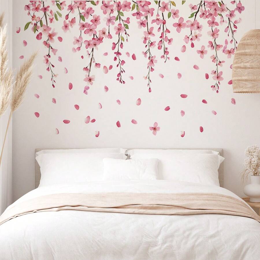 1pc Hanging Cherry Blossom Petal Wall Sticker, Spring Floral Cluster Combination, Self-Adhesive Easy To Apply, Romantic Healing Atmosphere Wall Decor - Multicolor - View 1