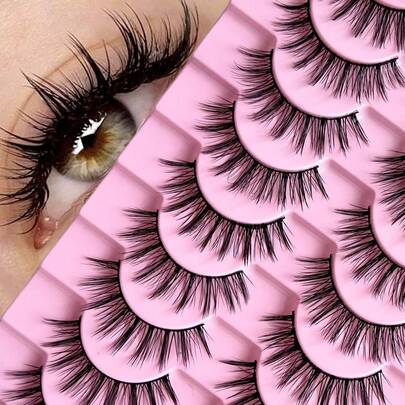 10对3D蓬松纤长假睫毛，根部柔软，佩戴舒适持久，中等卷翘度，适合日常、婚礼、节日等场合。全套假睫毛。