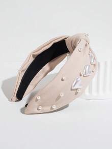 1pc Solid Color Fabric Fashionable Sweet Korean Style Women Headband, Minimalist Pearl Heart Decor Elegant Hair Accessory Travel Accessories Hair Band Diadema Hair Hoop - Beige - View 2