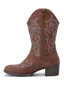 Women's Cowboy Mid Calf Boots Cowgirl Western Embroidered Chunky Low Heel 9800 Boots With Zipper - 棕色 - 查看 5