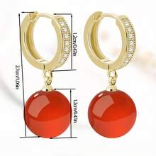 1Pair Elegant Stylish Minimalist Natural Agate Earrings, Multi-Color Round Bead Pendant Dangle Ear Jewelry, Chic Versatile Lightweight Earrings Perfect For Daily Wear, Office, Party, Vacation, Spring Summer & Holiday Gift - 紅色 - 查看 2