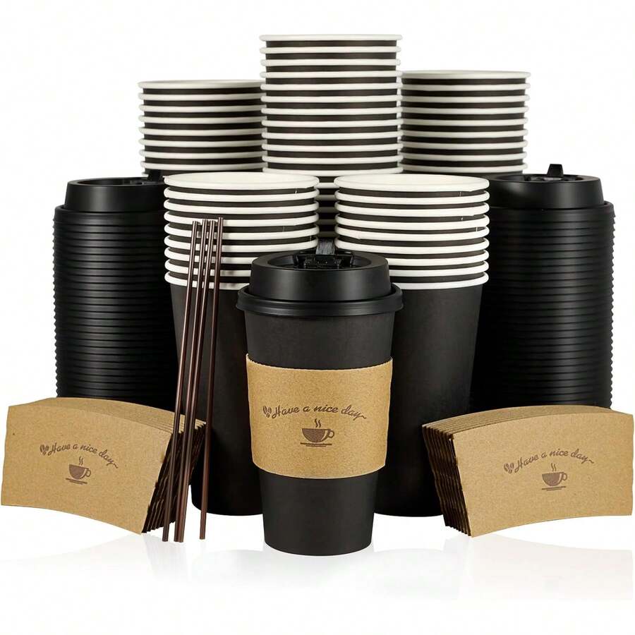 100 Pa 16 Oz Paper Coffee Cups With Lids, Bla  Coffee Cups With Lids, Sleeves And Stirring Stis, For Parties, Picnic, Travel, And Events Variant 3 - Màu đen - 16oz - Xem 1