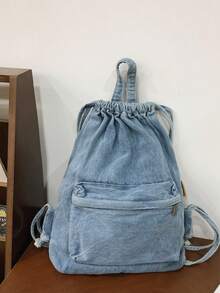 1 chiếc balo denim màu xanh đậm, dây rút, dung tích lớn, nhiều ngăn, khóa kéo, kiểu dáng thường ngày dành cho nam giới và đi làm. - Nhiều màu - Xem 9