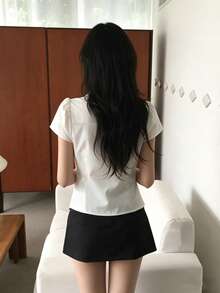学院风双排扣纯色短袖衬衫，女士新款夏季简约百搭宽松休闲上衣，白色 - 白色 - 查看 6