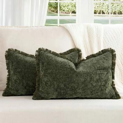 1pc Olive Green Chenille Tassel Decorative Throw Pillow Cover (Pillow Insert Not Included), Soft & Comfortable Bohemian Farmhouse Sofa Cushion Cover With Tassels, Home Decor For Sofa, Bed, Living Room, All Season