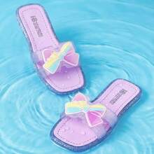 Girls' Crystal Bow Jelly Sandals, Shiny Flat Slippers Suitable For Holidays, Indoor, Bathroom, Home, Outdoor, Commuting, Travel, Garden, Comfortable & Cute Gift, Suitable For Spring, Summer, Autumn - Purple - View 1