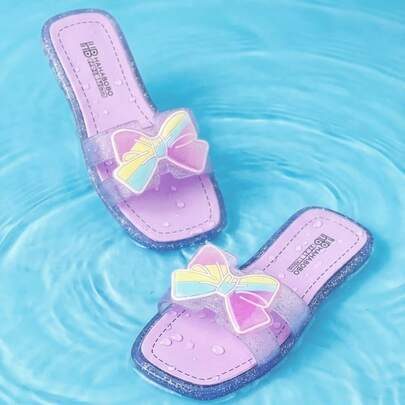 Girls' Crystal Bow Jelly Sandals, Shiny Flat Slippers Suitable For Holidays, Indoor, Bathroom, Home, Outdoor, Commuting, Travel, Garden, Comfortable & Cute Gift, Suitable For Spring, Summer, Autumn