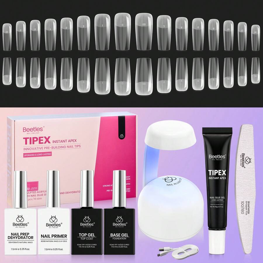Beetles Tipex Lite Pre-Built Apex Nail Tips Kit, Stiletto Medium, With Tipex Nail Glue,  All-In-One Gel Nail Kit - Square Long (Tipex Nail Kit With Primer) - View 1