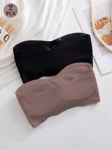 2pcs/Set Front Clasp Solid Color Strapless Bra With Upgraded Non-Slip Silicone Strips, Comfortable Wireless Bra With Cups, Non-Traditional Lift And Gather Bra Women, Black + Beige - 多色 10 - 查看 11