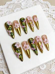10pcs Luxury 3D Striped Floral Metallic Chain Green Cat Eye Acrylic Nails For Hands, Vacation, Vacation Outfits, Graduation, Press On Nails, Suitable For Girls, Holiday, Wedding, Party - Gold - View 10