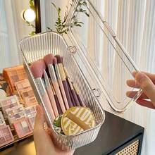 Porta-pincéis de maquiagem transparente de acrílico com tampa, grande capacidade, caixa organizadora de cosméticos com listras verticais, recipiente para maquiagem à prova de poeira, ideal para penteadeira, banheiro, quarto, presente perfeito para amantes de maquiagem. - Multicolorido - Ver 2