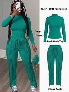 CALEBGAR Women's 2 Piece Dance Outfit Long Sleeve Fringe Top & Athletic Pants, Fall Winter Performance Wear For Dance Party, Casual Lounge Sets - màu xanh lá - Xem 1