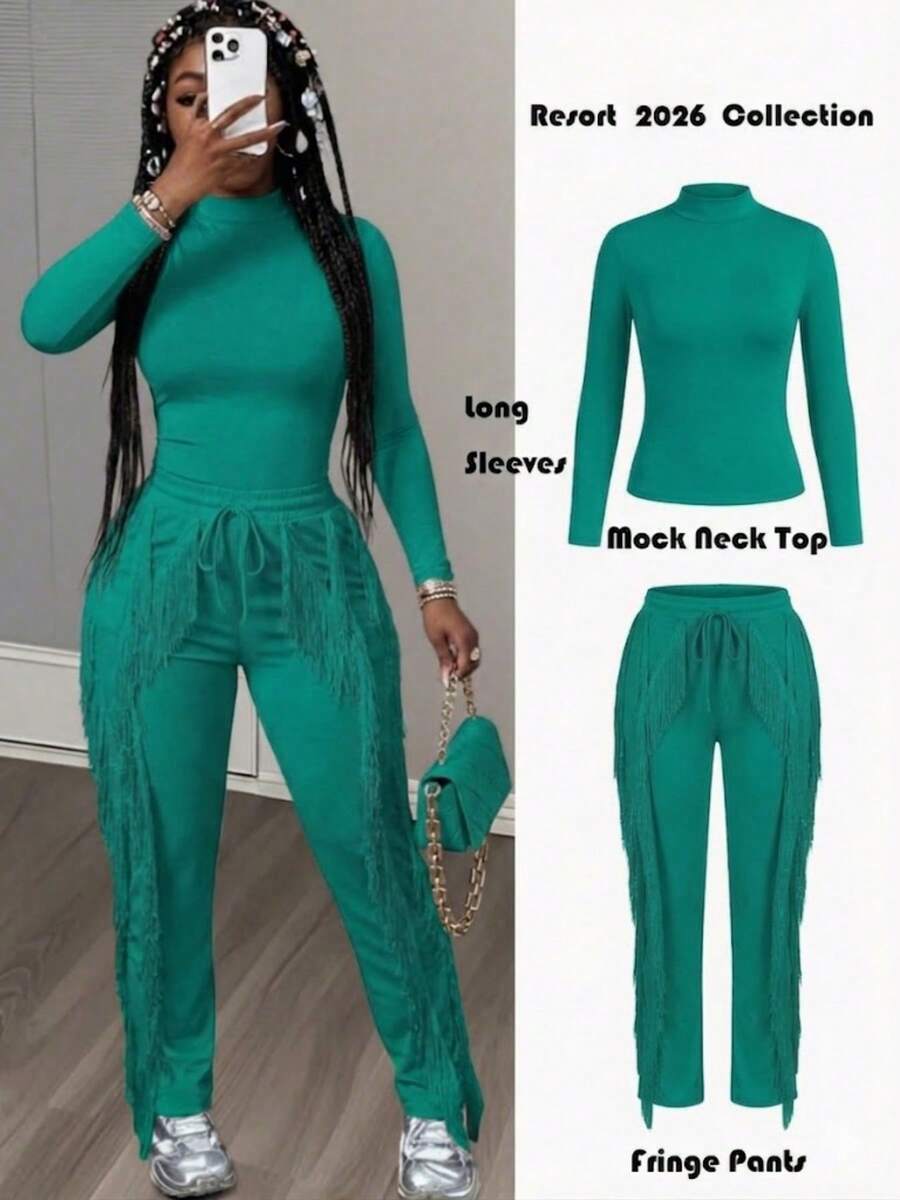 CALEBGAR Women's 2 Piece Dance Outfit Long Sleeve Fringe Top & Athletic Pants, Fall Winter Performance Wear For Dance Party, Casual Lounge Sets - màu xanh lá - Xem 1