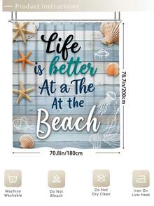 Bộ 1/4 món rèm tắm phòng tắm màu xanh nhạt vân gỗ hình sao biển và vỏ sò in dòng chữ "Cuộc sống tốt đẹp hơn ở bãi biển"; Phong cách biển tươi mát, chống thấm nước và chống mài mòn; Bao gồm 12 móc treo, và đi kèm với nắp bồn cầu, thảm tắm và thảm trải sàn; Được làm từ chất liệu nhựa cao cấp, có thể giặt máy và chống nấm mốc. - Nhiều màu - Xem 9