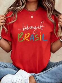 White Brasil Colorful Letter Print T-Shirt, Women Crew Neck Short Sleeve Casual Tee, Brazil National Flag Color Graphic Summer Vacation Loose Fit Top - 紅色 - 查看 13