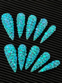 Y2K Luxury Long Pointed Nails, Handmade, Clear Nail Plates, Light Blue Rhinestones, Shiny Full Coverage 3D Design - Full Coverage DIY Shiny Artificial Nails, Elegant, Glamorous, Suitable For Party, Outdoor, Beach, Daily, Holiday, Gathering, Work And Special Occasions - 10pcs/Pack - Multicolor - View 2