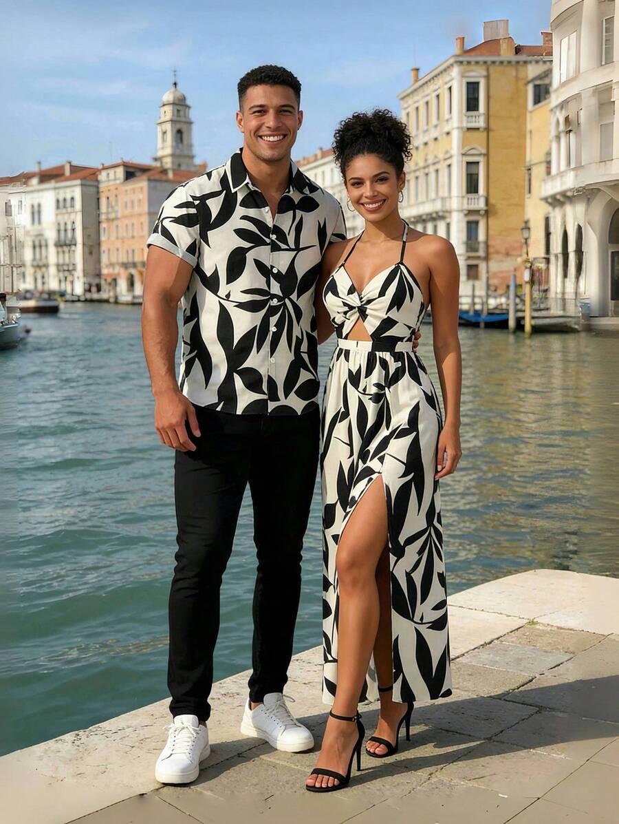 Vacation Couple Outfit Minimalist Leaf Pattern Twisted Cut Out Slit Halter Dress And Shirt Set - màu đen - Xem 1