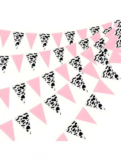 12pcs Pink Denim Triangle Pennant Flags, Western Cowgirl Party Decor, Cow Print Fabric Bunting Flags For Birthday Party, Hen Party, Summer Decoration (Random Cow Pattern)