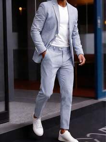 Men's Suit 2-Piece Set - Solid Seersucker Single-Breasted Jacket, Essential For Casual Activities, Weddings, Parties, And Business Occasions, Classic Tailoring Formal Style, High-Quality Tailored Seersucker Fabric, Fashionable Gentleman Style - 淺藍色 - 查看 1