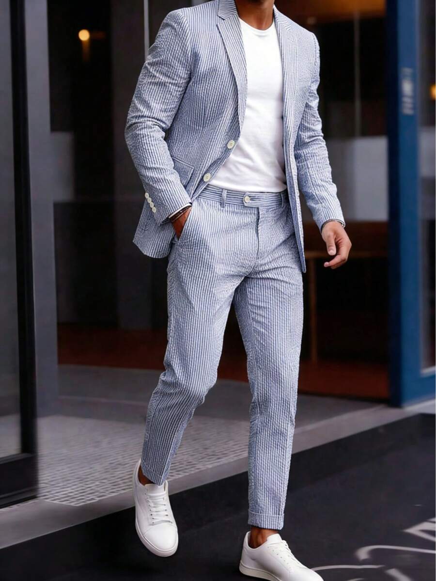 Men's Suit 2-Piece Set - Solid Seersucker Single-Breasted Jacket, Essential For Casual Activities, Weddings, Parties, And Business Occasions, Classic Tailoring Formal Style, High-Quality Tailored Seersucker Fabric, Fashionable Gentleman Style - 淺藍色 - 查看 1