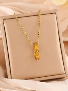 1 pieza Anillo con corazón de acero inoxidable chapado en oro de 18K con diamantes de imitación, con collar de cadena de cuerda de oro de 14K, adecuado para uso diario de mujeres, regalo de vacaciones, collar colgante de moda - collar - Ver 7