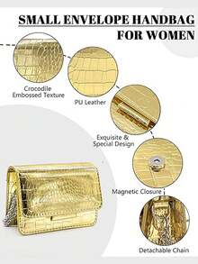 Mini Flap Square Bag Funky Crocodile Embossed Chain PU A New Fashionable Mini Square Bag For Fall And Winter Season, Hardware Bow Decoration, Flap Opening, Metal Double Chain, Small Capacity Lightweight Minimalist Crossbody Bag. Suitable For Women's Daily Life Leisure And Student Use Coin Purse Metallic Mini Crossbody Purse, Evening Clutch Bag With Removable Chain Strap, Small Purse For Women, Not For Phones Silver Mini Crossbody Bag For Women, PU Leather Small Evening Purse, Dressy Clutch Handbag For Nightclub Parties Cyber Monday Holiday Gift Velvet Party New Year Birthday Gifts For Girlfriend, Mother, Wife, And Friends - 金色 - 查看 7
