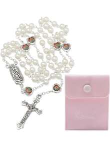 Chuỗi hạt Mân Côi Công giáo dành cho nữ - Dây chuyền hạt ngọc trai thủy tinh kèm mặt dây chuyền Thánh Benedict và thánh giá - Quà tặng chuỗi hạt Mân Côi kèm túi đựng. - Đồ trang trí - Xem 10