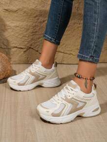 American Retro Contrast Color Running Shoes, Mesh Breathable, Thick Bottom Cushioning, Campus, Street, Daily Wear Template, Running Shoes To Grasp The Relaxation Feeling, 5cm High Casual Shoes - 米色升級款 - 查看 3