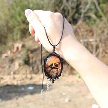 Gothic Raven Pendant Necklace, Victorian Style Black Frame, Amber Background, 45+5cm Chain - CHÚNG TÔI - Xem 4