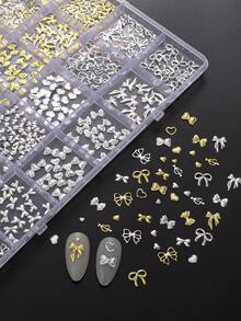 24Grid Nail Art Charms, Featuring Golden Silver Metal Rivets, With Hollow Heart And Bow Designs, Moon, Star, For DIY Nail Decoration And Jewelry Crafting, For A Japanese-Style Manicure. - Multicolor - View 3