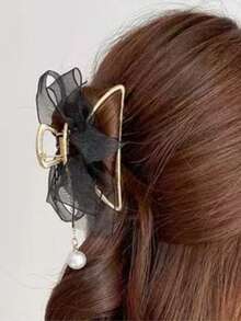 1pc Elegant Mesh Bow, Faux Pearl & Tassel Metal Hair Claw Clip Summer Outfits Hair Clips Beach Accessories - Gold - View 5