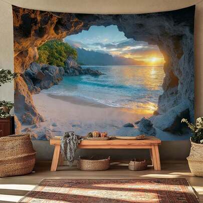 1pc Coastal Cave Sunset Tapestry Ocean Beach Mountain Landscape Wall Hanging Tapestry Nature Scenery Tapestry For Living Room Bedroom Aesthetic Home Decor Large Size Soft Fabric Wall Art Tapestry For Dorm Room Office Wall Decoration Modern Minimalist Style Tapestry With Vivid Color HD Printing Tapestry For Wall Hanging Ceiling Decor Sofa Cover Tablecloth Beach Blanket Multi Purpose Tapestry For Home Decoration Gift For Friends Family