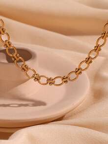 1pc Girl's Necklace, Waterproof Beach Vacation Layered Style, Stainless Steel Hollow Oval Handmade Chain Necklace, Daily Accessory Gift (Chain Length And Bead Quantity Random) - Yellow Gold - View 5