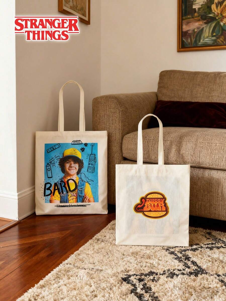 Netflix 1pc Stranger Things Dustin Henderson Graphic Print Canvas Tote Bag Casual Shopper Bag - Multicolor - View 1
