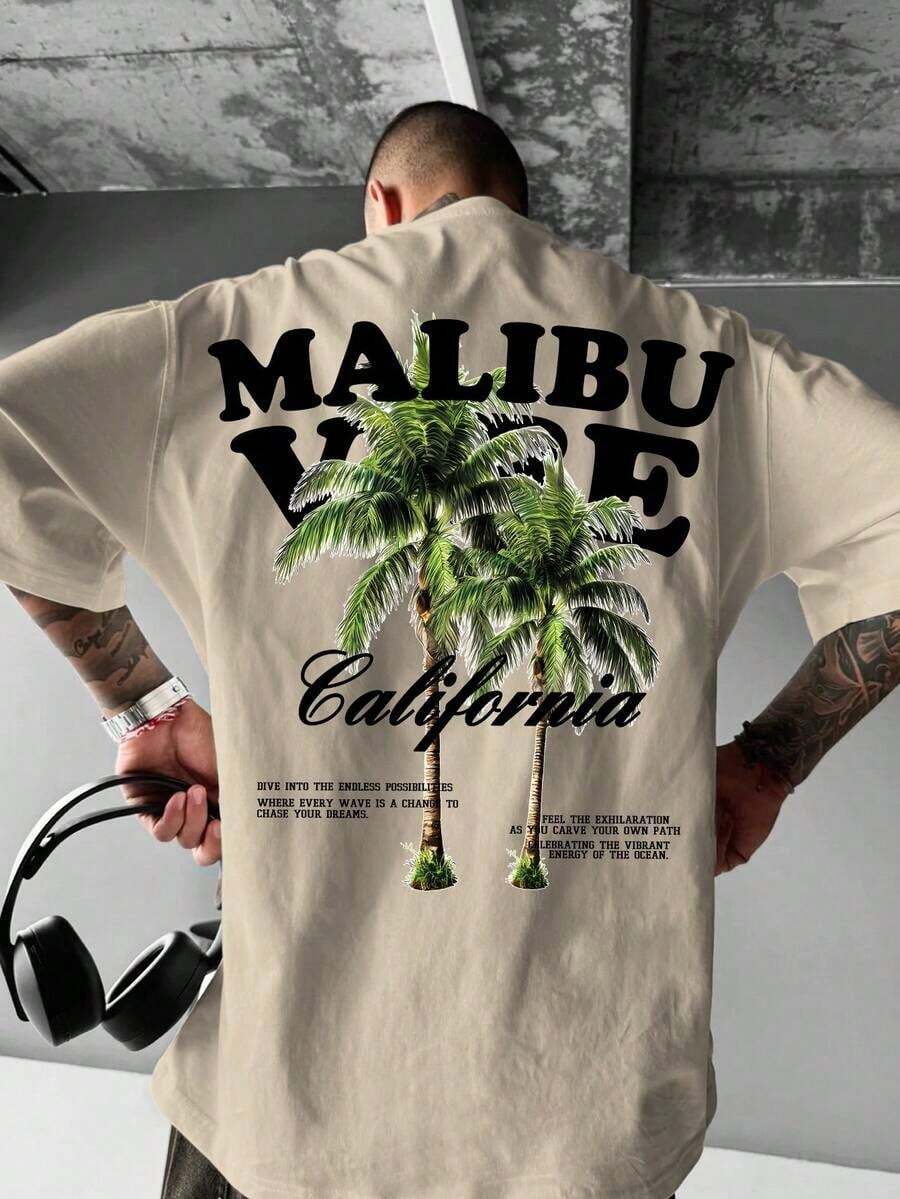 Camiseta de manga corta casual blanca con estampado de palmeras para hombres Shwiy, camiseta gráfica con árbol de coco de California, adecuada para uso diario, regalo para el novio - Albaricoque - Ver 1