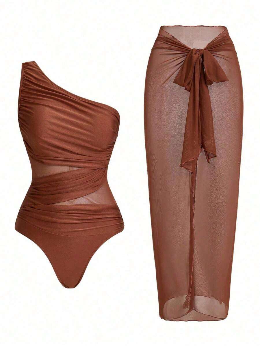 Swim Oasis Traje de baño de una pieza con panel de malla fruncida de unicolor y falda pareo - Marrón - Ver 1