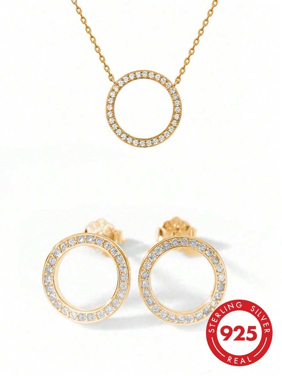 Bộ trang sức 3 món gồm dây chuyền và bông tai hình tròn may mắn - Bộ trang sức thời trang, thích hợp để đeo hàng ngày, làm quà tặng Giáng sinh, Năm mới, Ngày Valentine và các dịp lễ khác. - Bộ kim cương tròn trung bình - Xem 1