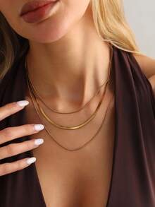 1 chiếc vòng cổ nhiều lớp bằng thép không gỉ mạ vàng 18K phong cách tối giản thường ngày, vòng cổ choker dạng dây xích dẹt, chống thấm nước và không phai màu dành cho nữ, phù hợp cho cả mặc hàng ngày và dự tiệc, quà tặng ngày lễ. - Vàng - Xem 3