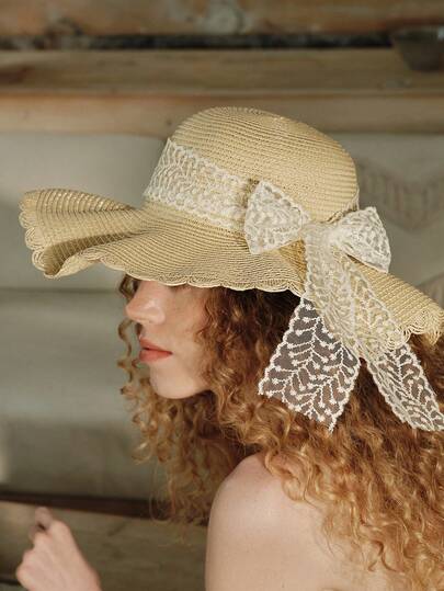 Opalesca 1顶女士可折叠米色和卡其色草编宽檐遮阳帽 - 波西米亚风优雅蕾丝边夏季沙滩帽，易于收纳，适合母亲节、休闲外出、旅行和户外活动 | 可调节双色下巴带，轻便透气，防紫外线