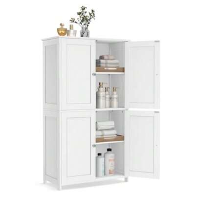 Floor Storage Cabinet Shaker Cabinet with 2 Adjustable Shelves 4 Doors Tall Freestanding Organizer Unit for Kitchen Bathroom Living Room Cloud White UBBC553WH01S
