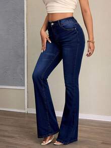 Medium Blue Elastic Bell Bottom Jeans, Butt Lifting And Tummy Control - Deep Blue - View 4