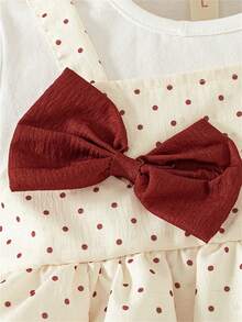 Summer Baby Girls Bow Polka Dot Short Sleeve Patchwork Casual Dress - Red - View 4